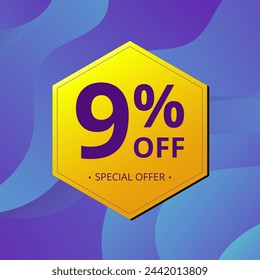 9% Sale and Discount Label. Nine percent Sale Discount label Geometric design. Abstract Blue and Yellow Hexagon. Vector illustration.