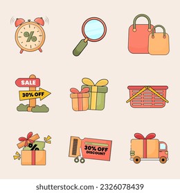 9 sale icon illustrations set isolated on the colored background. Alarm sale, magnifying glass, shopping bag, sale signpost, gift, shopping basket, coupon, and delivery truck objects for your design.