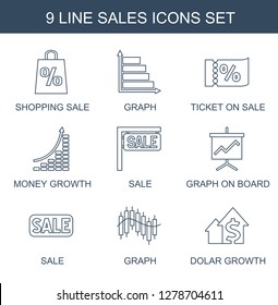 9 sales icons. Trendy sales icons white background. Included line icons such as shopping sale, graph, ticket on sale, money growth, sale, graph on board. sales icon for web and mobile.