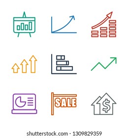 9 sales icons. Trendy sales icons white background. Included outline icons such as dolar growth, sale, chart on display, graph, money growth, chart. sales icon for web and mobile.
