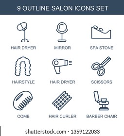 9 salon icons. Trendy salon icons white background. Included outline icons such as hair dryer, mirror, spa stone, hairstyle, scissors, comb, hair curler. salon icon for web and mobile.