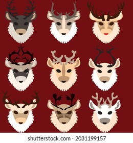 the 9 santa's reindeer for christmas made in a cartoon way 