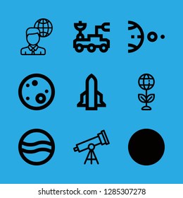 9 satellite icons with spacecraft and full moon black circle in this set
