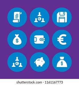 9 savings icons in vector set. save, coin, cash and bill illustration for web and graphic design