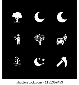 9 scene icons in vector set. traffic, agriculture, moon and farm illustration for web and graphic design