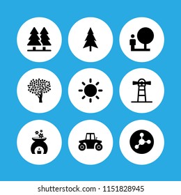 9 scene icons in vector set. pesticide, tractor, park and candle illustration for web and graphic design