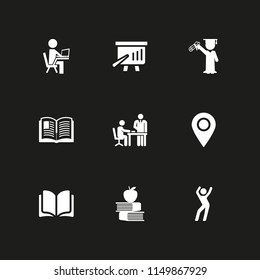9 school icons in vector set. open book, book, marker and student illustration for web and graphic design