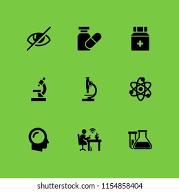 9 science icons in vector set. microscope side view, microscope, test tube and flask for chemistry class and vision illustration for web and graphic design