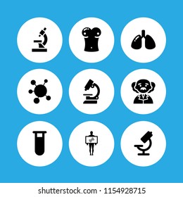 9 scientific icons in vector set. molecule unions, flask, physics and dna illustration for web and graphic design