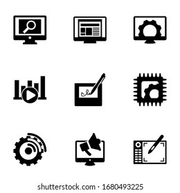9 screen filled icons set isolated on white background. Icons set with analytics app, layout, Computer repair, Bitrate, electronic signature, Electronics repair, Streaming software icons.
