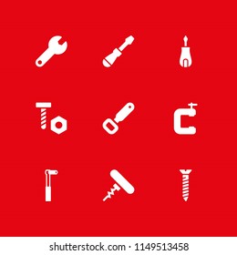 9 screw icon set with spanner, bottle opener and screwdriver vector illustration for graphic design and web