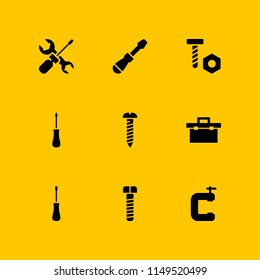 9 screw icon set with tool box, screwdriver and clamp vector illustration for graphic design and web