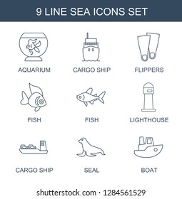 9 sea icons. Trendy sea icons white background. Included line icons such as aquarium, cargo ship, flippers, fish, lighthouse, seal, boat. sea icon for web and mobile.