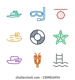 9 sea icons. Trendy sea icons white background. Included outline icons such as swimming ladder, crab, boat, starfish, lifebuoy, pool, water military. sea icon for web and mobile.