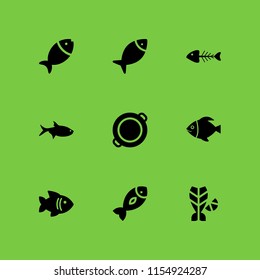 9 seafood icons in vector set. fish and paella illustration for web and graphic design