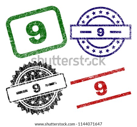 9 seal prints with corroded surface. Black, green,red,blue vector rubber prints of 9 title with corroded surface. Rubber seals with round, rectangle, medal shapes.