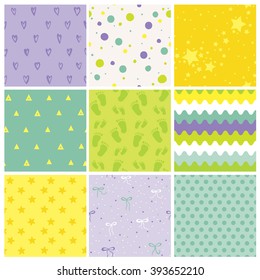9 Seamless Baby Patterns. Texture. Wallpaper. Vector Background. Geometric.