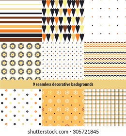 9 seamless decorative backgrounds with geometric patterns, dots and hearts