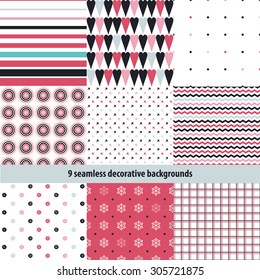 9 seamless decorative backgrounds with geometric patterns, dots and hearts