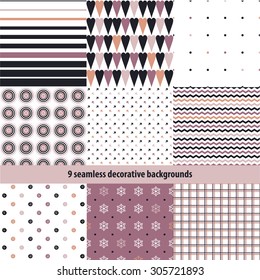 9 seamless decorative backgrounds with geometric patterns, dots and hearts