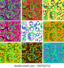 9 of seamless patterns. Bright and colorful print. Seamless retro wallpaper. Vector illustration. EPS 10