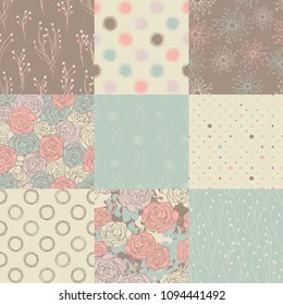 9 seamless patterns in retro style. Backgrounds with roses, dots and other stylized nature.