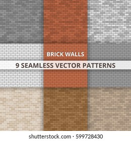 9 Seamless vector patterns. Brick wall patterns. Abstract background.