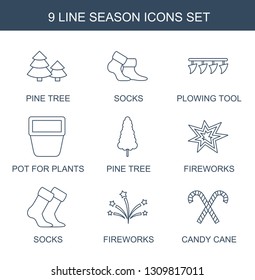 9 season icons. Trendy season icons white background. Included line icons such as pine tree, socks, plowing tool, pot for plants, fireworks, candy cane. season icon for web and mobile.