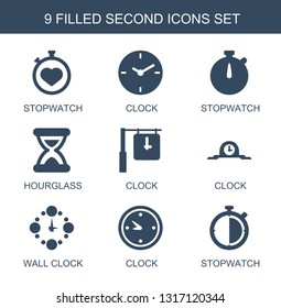 9 second icons. Trendy second icons white background. Included filled icons such as stopwatch, clock, hourglass, wall clock. second icon for web and mobile.