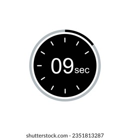 9 seconds timer vector icon, 9 sec stopwatch symbol.