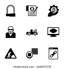 9 security filled icons set isolated on white background. Icons set with Bike padlock, Smart Contract, fintech industry, Autonomous, Computer Vision, construction works icons.