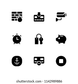 9 security icon set with cctv, key and piggy bank vector illustration for graphic design and web