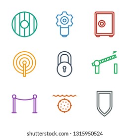 9 security icons. Trendy security icons white background. Included outline icons such as shield, water military, Red carpet barrier, road barrier. security icon for web and mobile.