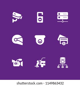 9 security icons in vector set. server, helmet, cctv and credit card illustration for web and graphic design