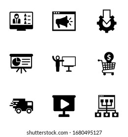 9 iconos rellenos de seminario aislados en fondo blanco. Iconos con seminarios web, formación en video, tutorial en línea, presentación, entrenador, formación en línea, video iconos de presentación.