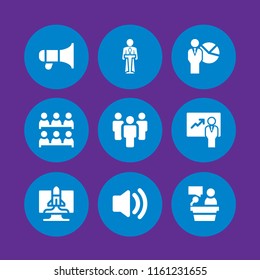 9 seminar icons in vector set. speaker, team, lectern and startup illustration for web and graphic design