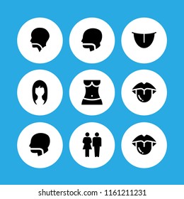 9 sensuality icons in vector set. family of heterosexual couple, mouth, woman dark long hair shape and body illustration for web and graphic design