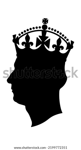 9 September 2022, London. Silhouette\
of King Charles III. The British monarch in St Edward Crown. Head\
side view. Editorial illustration of Prince of\
Wales.