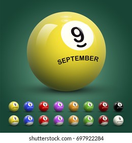 9 September. Billiard ball calendar day. Different color billiard balls isolated on green background vector illustration.