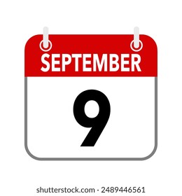 9 September, calendar date icon on white background