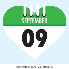 9 September calendar icon green heart shape on light sky blue color background, calendar vector symbol for the month of September.