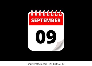 9 September calendar icon text page monthly web design on red, white and black background vector, icon, or illustration with the month of September 9