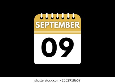 9 de septiembre Diseño web mensual de la página de texto del icono del calendario en el Vector, el icono o la ilustración de fondo dorado, negro y blanco con el mes del 9 de septiembre