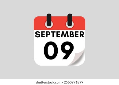 9 September calendar icon text page monthly web design on red, white, black and ash background vector, icon, or illustration with the month of September 9
