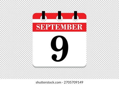 9 September Calendar icon vector, 9 dates of September month calendar icon, dates of September 9 icon calendar, vector calendar icon.