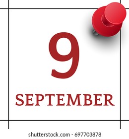 9 September. Daily calendar with red push pin vector illustration.