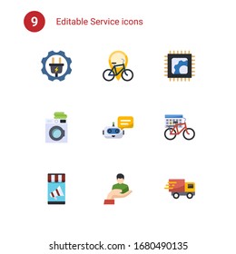 9 service flat icons set isolated on . Icons set with Electrical service, Bike rental, Electronics repair, Laundry service, Chat Bot, rental period, Mobile marketing, client icons.