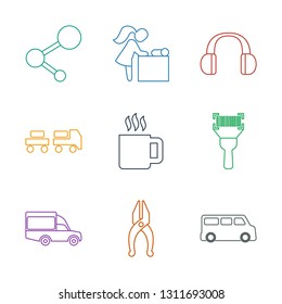 9 service icons. Trendy service icons white background. Included line icons such as van, nippers, bar code scanner, mug, truck with luggage, headset. service icon for web and mobile.