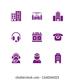 9 service icons in vector set. support, cleaning, telephone and hotel illustration for web and graphic design