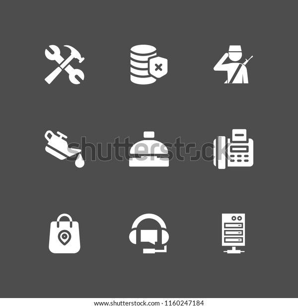 9 service icons\
in vector set. hammer, car oil, fax and support illustration for\
web and graphic design